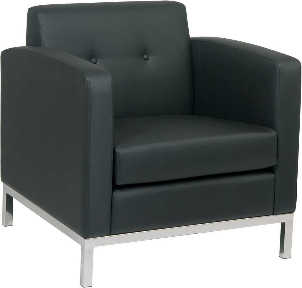 OSP Home Furnishings Wall Street Faux Leather Armchair with Box-Spring Cushion, Button Tufted Back, and Chrome Finish Base, Black
