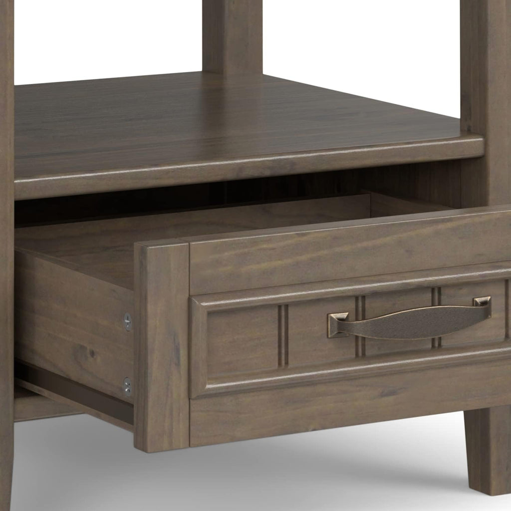 SIMPLIHOME Lev End Table - 20 inch Wide Solid Wood Accent Table with Bottom Storage Drawer and Open Shelf in Smoky Brown, Transitional Nightstand or Lamp Stand for Living Room or Bedroom