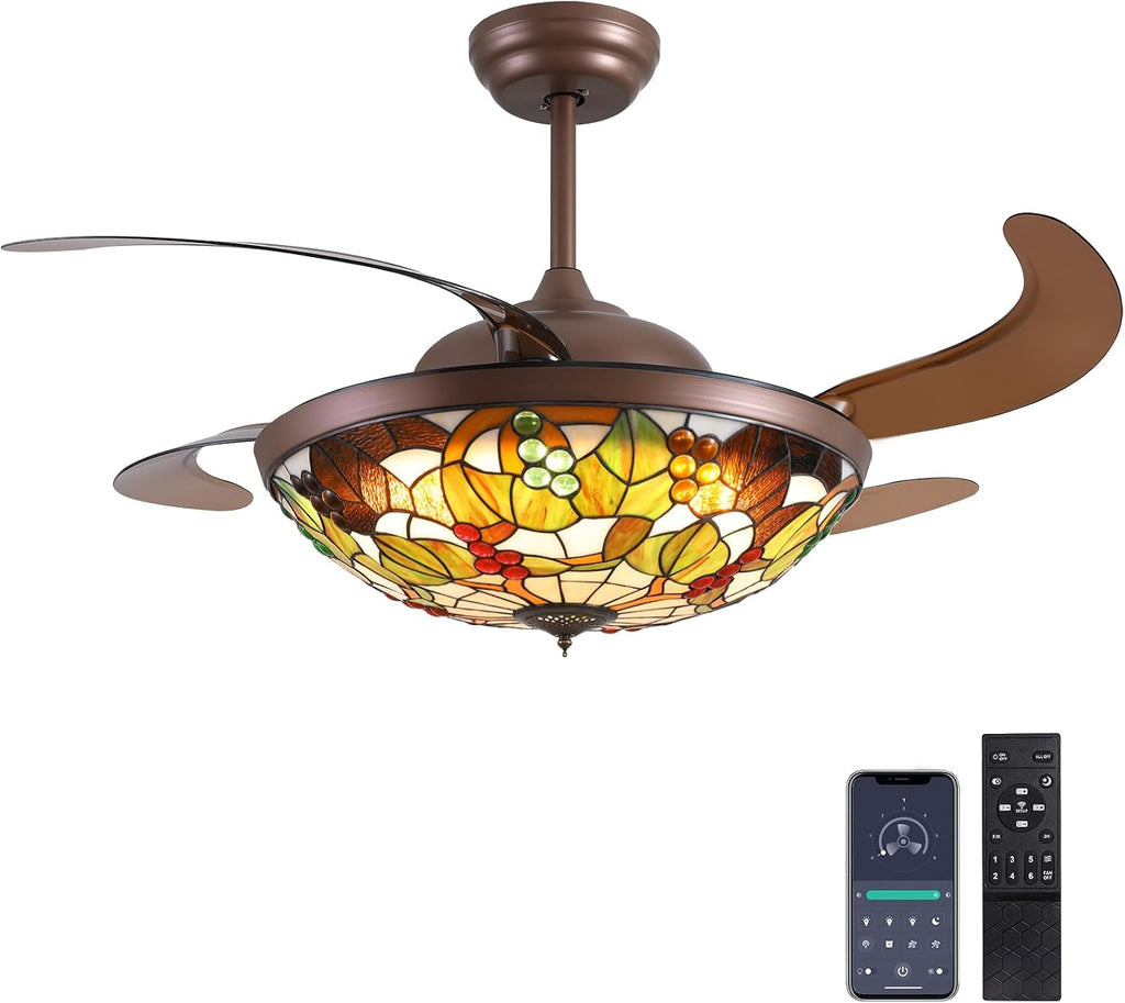52 inch Tiffany Ceiling Fan with Light Stained Glass Fandelier with Retractable Blades 52' Vintage Ceiling Fan Light Dimmable LED Fandelier for Bedroom and Living Room