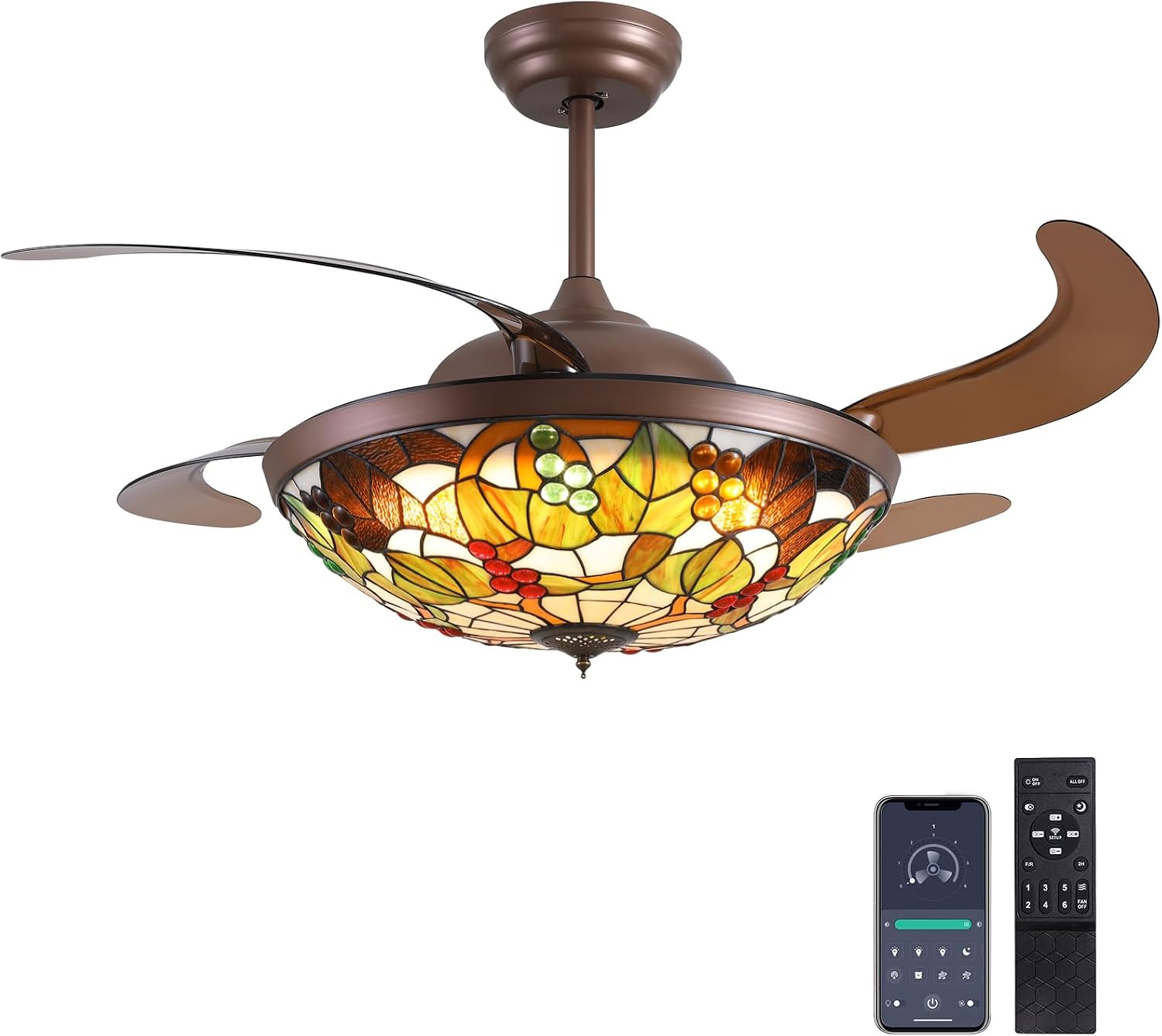 52 inch Tiffany Ceiling Fan with Light Stained Glass Fandelier with Retractable Blades 52' Vintage Ceiling Fan Light Dimmable LED Fandelier for Bedroom and Living Room