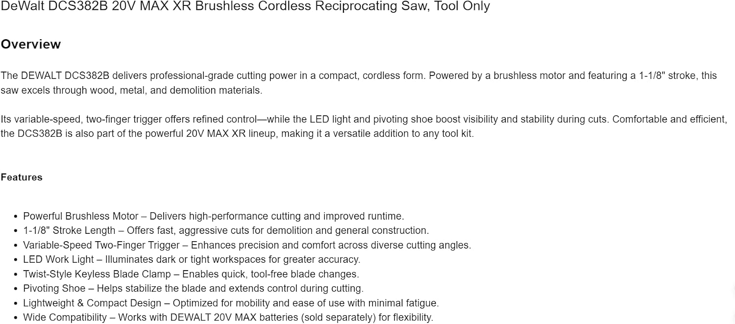 DCS382B 20V MAX XR Brushless Cordless Reciprocating Saw, Tool Only，Replacement for DeWalt OEM