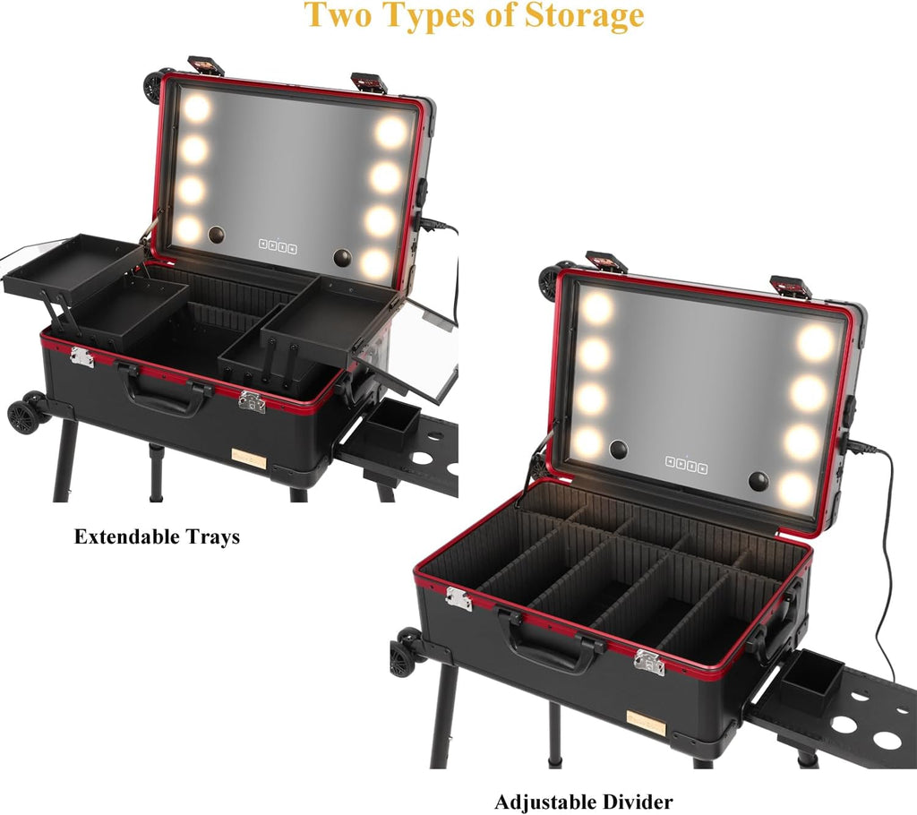 20' Aluminum Ligthed Makeup Train Case with LED Lights Professional Cosmetic Organizer Studio with Speaker, Wheels and Stands Rolling Trolley Makeup Vanity Station for Travel (Black)