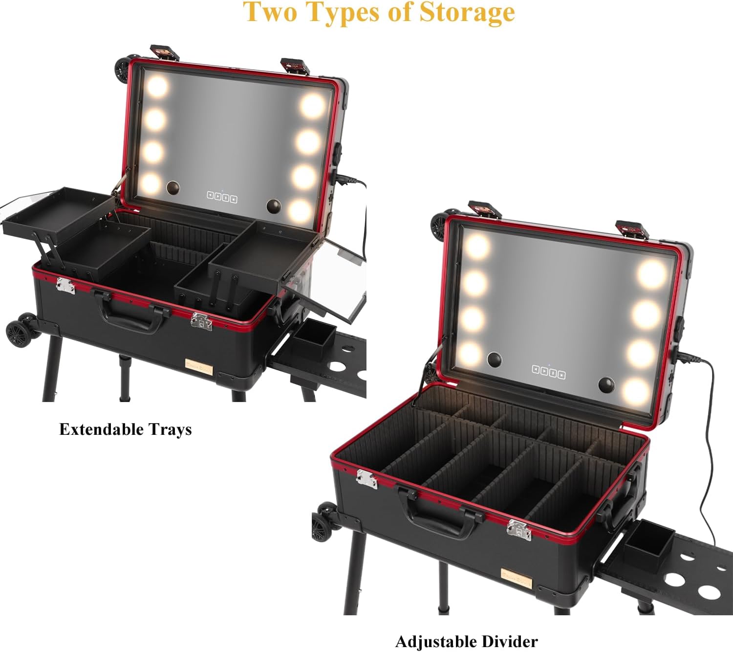 20' Aluminum Ligthed Makeup Train Case with LED Lights Professional Cosmetic Organizer Studio with Speaker, Wheels and Stands Rolling Trolley Makeup Vanity Station for Travel (Black)
