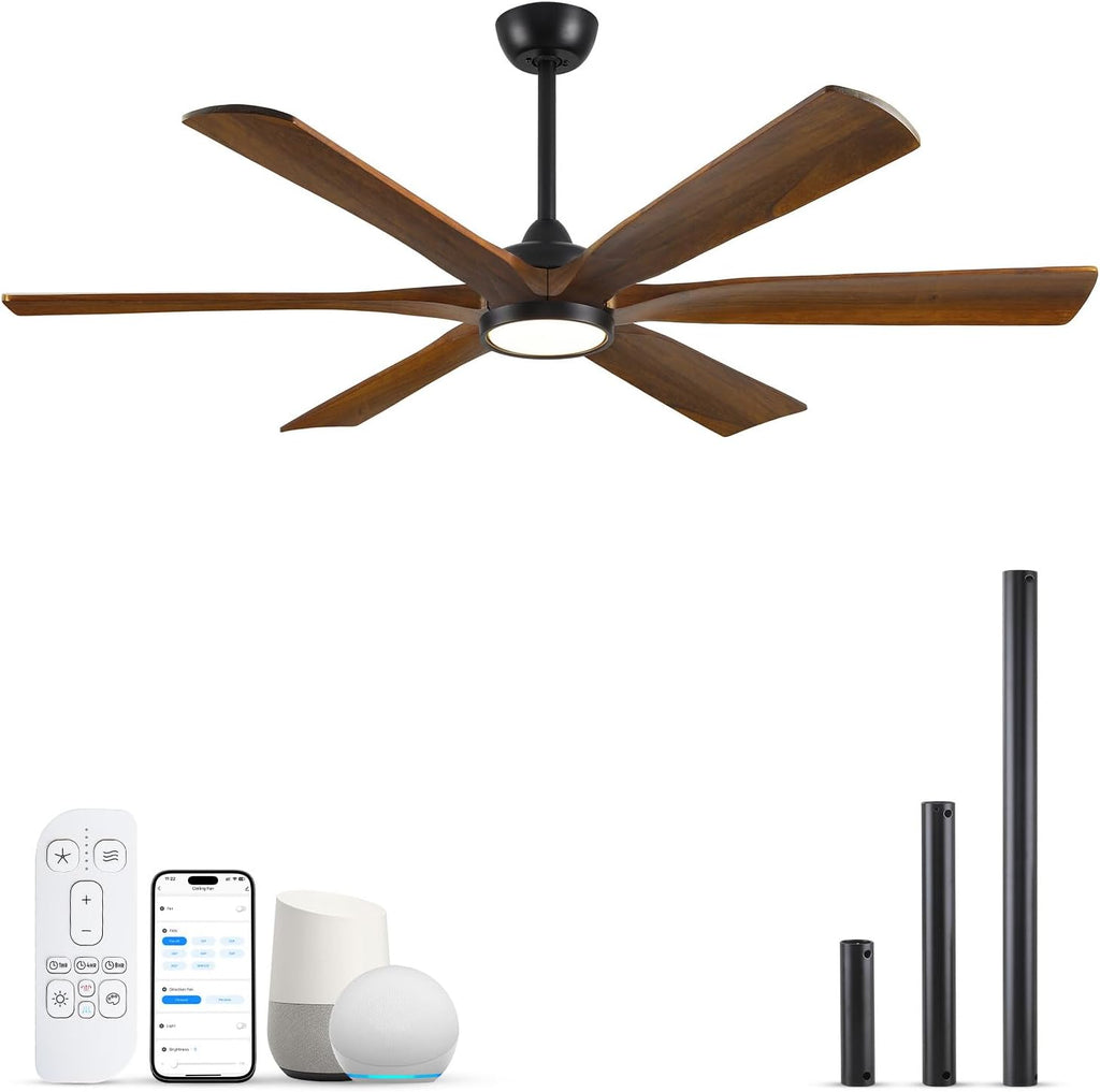 72 Inch Smart Outdoor Ceiling Fan with Light, Alexa/Wifi/Remote Control, 6 Solid Wood Blades Damp Rated, 9268 High CFM Quiet DC Motor, Rustic Farmhouse Style for Indoor Large Room Exterior Patio