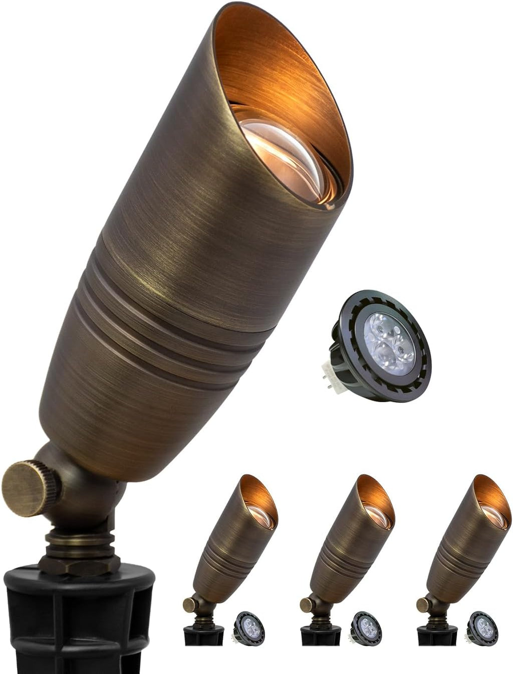 MALORY Brass Landscape Spotlights 4-Pack with Bulb Kit(S02), Low Voltage 12V AC/DC LED Outdoor Spot Uplights for House and Tree,PVC Ground Stake and Wire Connector Included, 5W 2700K Warm White