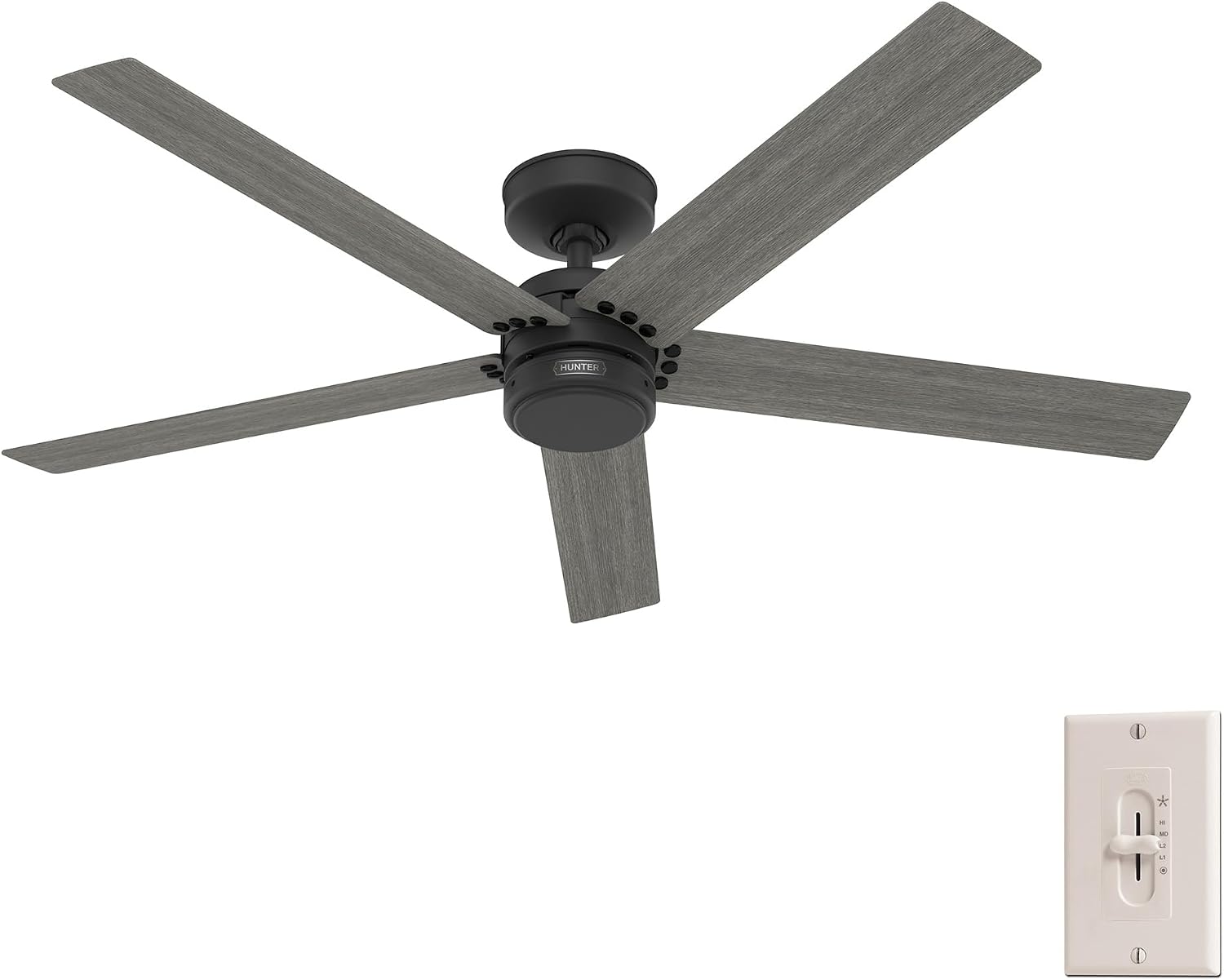Hunter 52 inch Outdoor or Indoor Ceiling Fan No Light - Black Ceiling Fan without Light, For Patio, Porch, Garage, or Living Room, Standard Mount, 5 Blades, Wall Control - Burton 52247, Matte Black