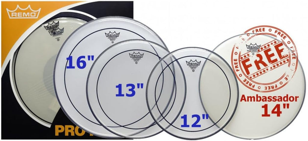Remo 4-Piece Clear Pinstripe Standard Pro Pack with Free 14 in. Coated Ambassador Snare Drum Head