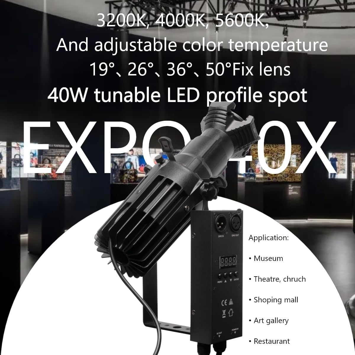 ZVH 40W MiniEllipsoidal Spotlight, Ellipsoidal Light,Four interchangeable lens angles (19°, 26°, 36°, 50°)Manual, DMX,suitable for churches,exhibitions,galleries,and stage lighting (3200K–5600K),3-pin