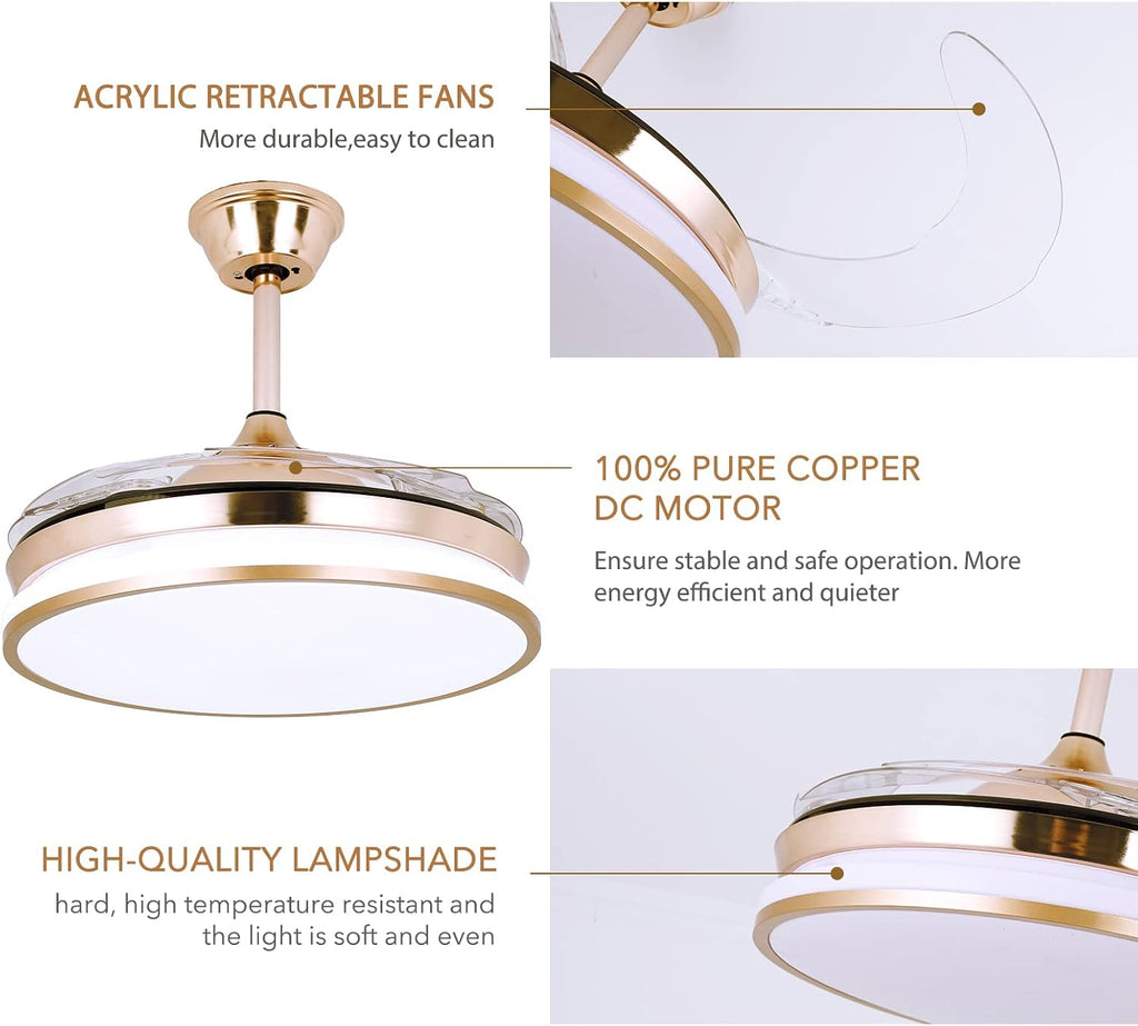 STERREN Retractable Gold Ceiling Fan with Lights, 42 inch Modern Low Profile Bladeless LED Ceiling Fan for Bedroom Living Room