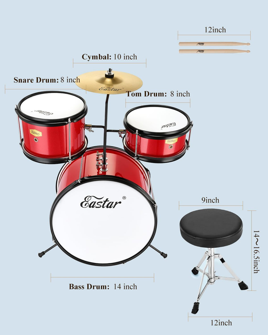 Eastar Drum Set for Kids and Beginners, 3-Piece 14'' Drum Kit with Adjustable Throne, Cymbal, Pedal & Two Pairs of Drumsticks, Junior Drum Set with Bass Tom Snare Drum, Metallic Red