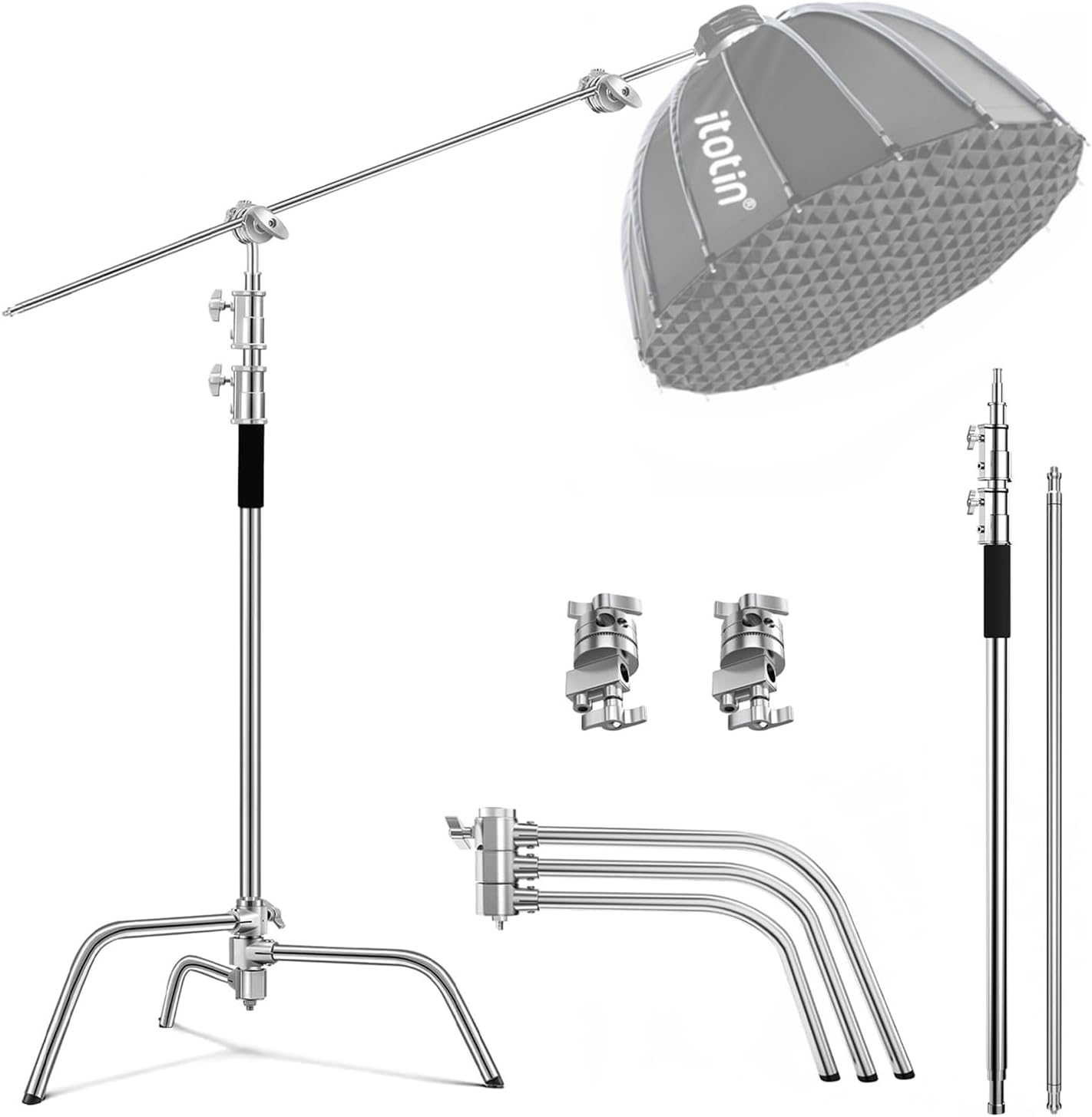 C Stand with Boom Arm Heavy Duty Photography C Light Stands Kit, Max Height 10.5ft/320cm, with 4.2ft/128cm Holding Arm, for Photography Studio, Reflector, Umbrella, Softbox