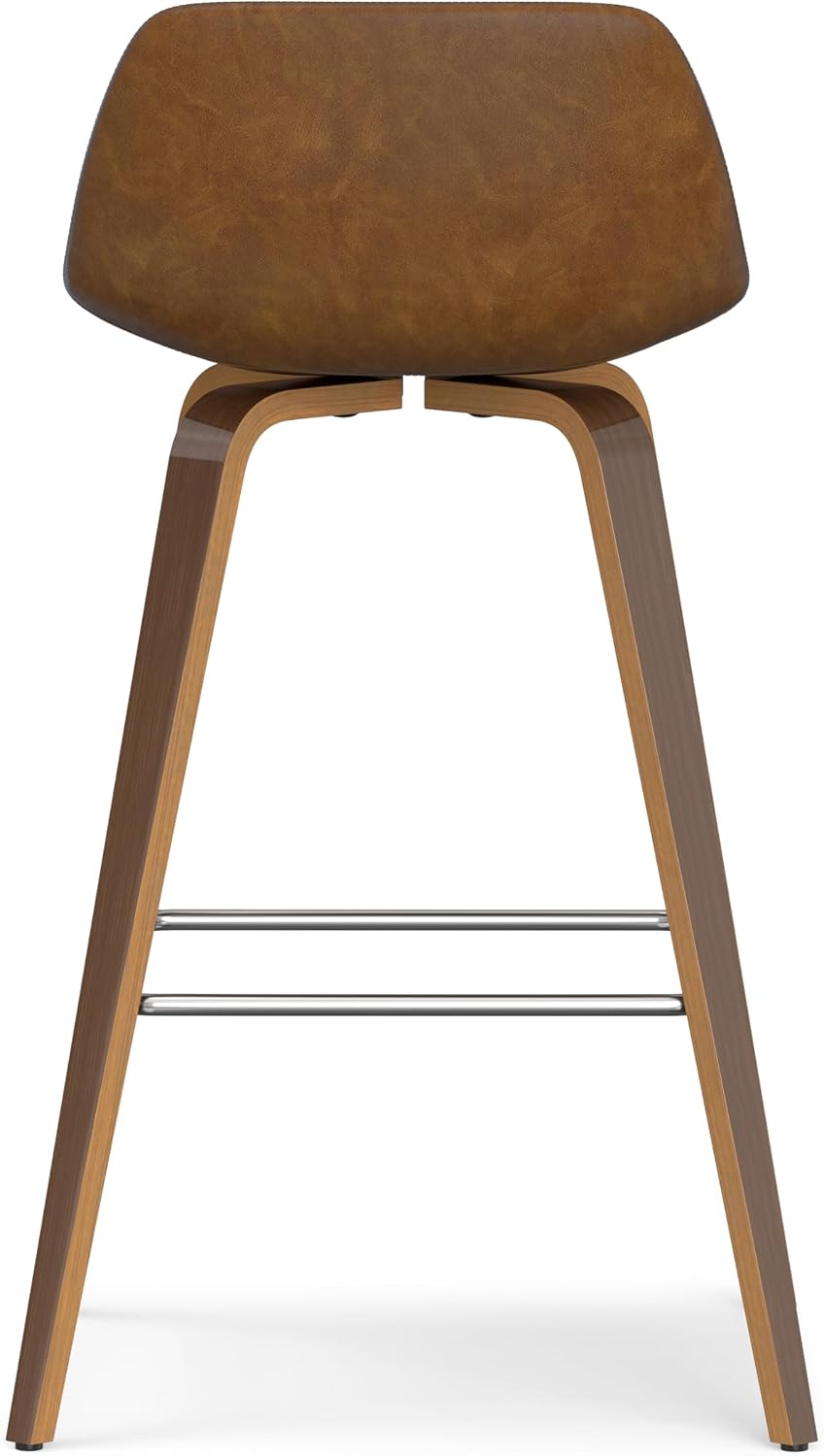 SIMPLIHOME Randolph Counter Stools (Set of 2) - 28 Inch Seat Height Upholstered Bentwood Kitchen Seats in Deep Tan Vegan Faux Leather, Mid Century Modern Seating with Curved Backrest and Footrest