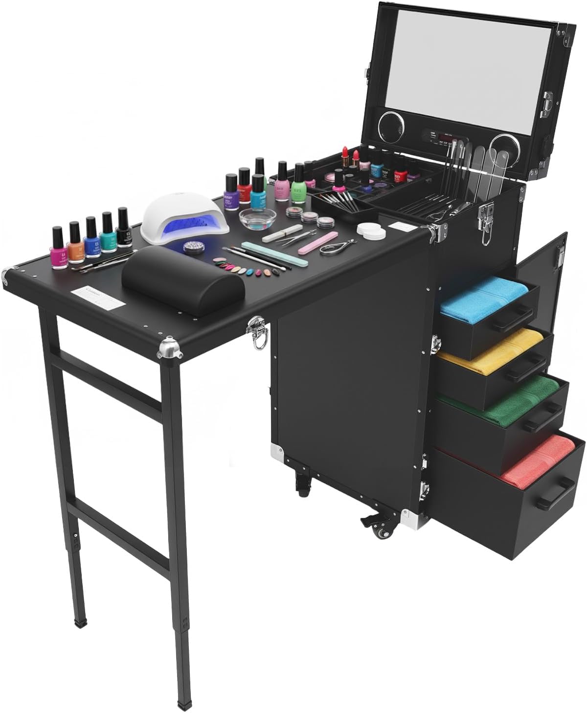 Rolling Manicure Table Train Case with 4 Universal Wheels,Professional Makeup Suitcase With Drawers & Unfold Table,2 Built-In Music Speakers,Travel Cosmetic Storage Train for Artist,Hairstylist(Black)