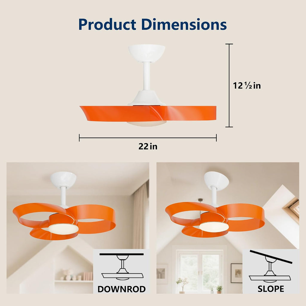 FANX 22 Inch Ceiling Fan with Light and Remote, Quiet DC Motor, Dimmable LED, Reversible 3-Speed Control, Easy Installation Downrod Fan for Small Rooms (Tangerine)