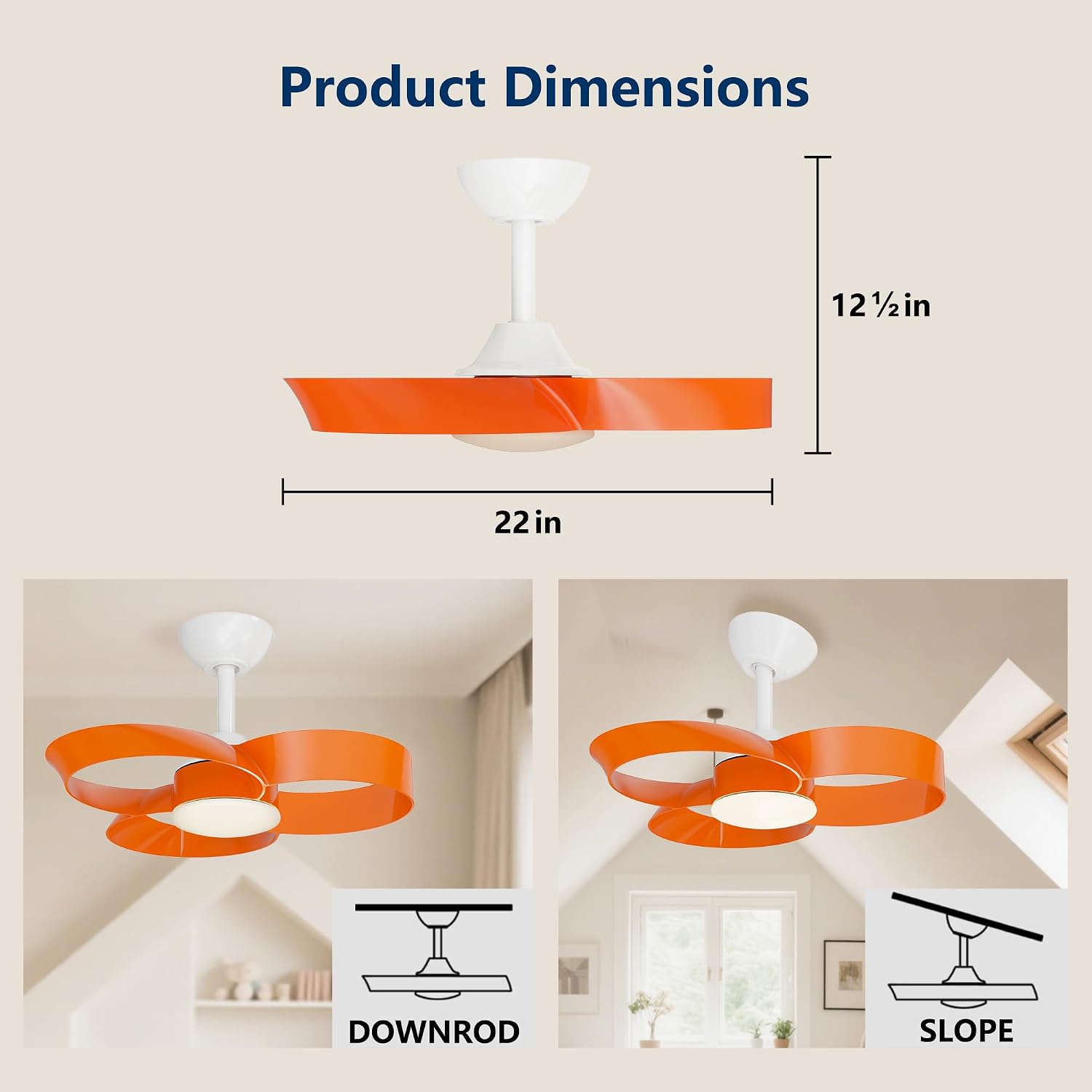 FANX 22 Inch Ceiling Fan with Light and Remote, Quiet DC Motor, Dimmable LED, Reversible 3-Speed Control, Easy Installation Downrod Fan for Small Rooms (Tangerine)