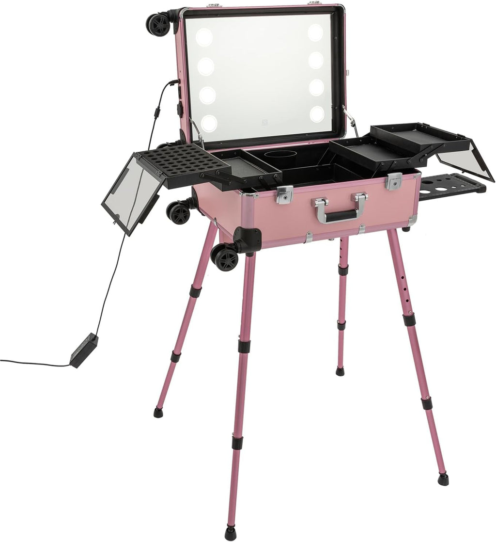 3 Tiers Rolling Makeup Train Case, Portable Makeup Vanity Station 12V Chargeable Cosmetic Trolley Lockable Storage Organizer with LED Light & Mirror & Wheels, Adjustable Height for Travel (Pink)