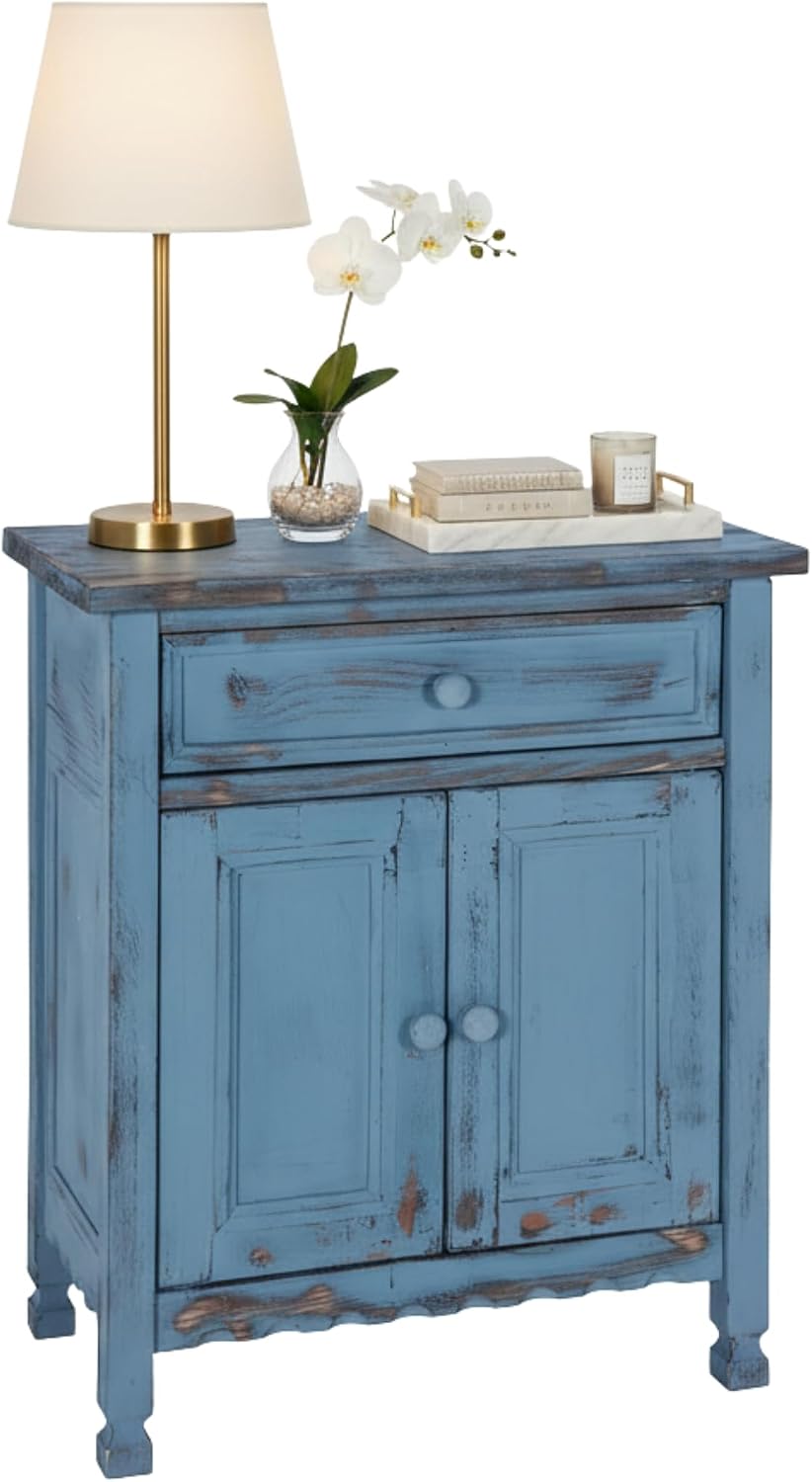 Alaterre Furniture Country Cottage Accent Cabinet with Drawer, Adjustable Shelf & 2 Doors – Rustic Farmhouse Sideboard Buffet Storage Cabinet for Living Room, Dining Room or Entryway (Blue Antique)
