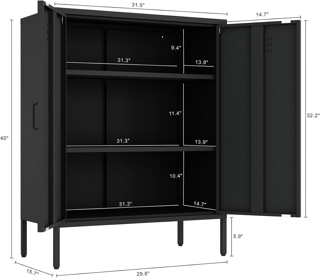 Manhattan Comfort Naomi Modern Metal Accent Cabinet, Minimalist Storage Cabinet with Doors & Adjustable Shelves, Vented Doors, Sturdy Steel Build, Versatile & Multi-Purpose Home Furniture, Black