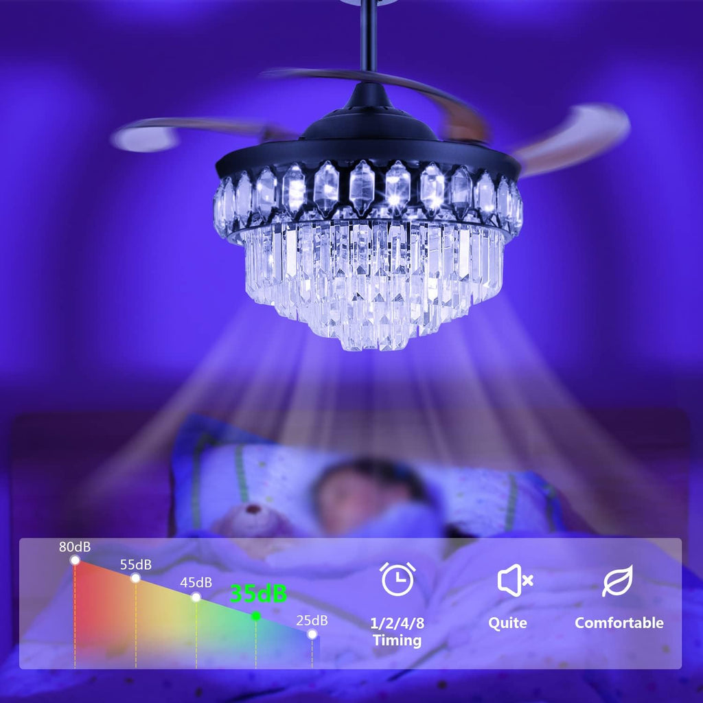 RuiWing 42' Crystal Ceiling Fans with Lights Retractable Blades LED Chandelier Remote Control 3 Different Lighting Mode Dimmable Fandelier for Bedroom Living Room