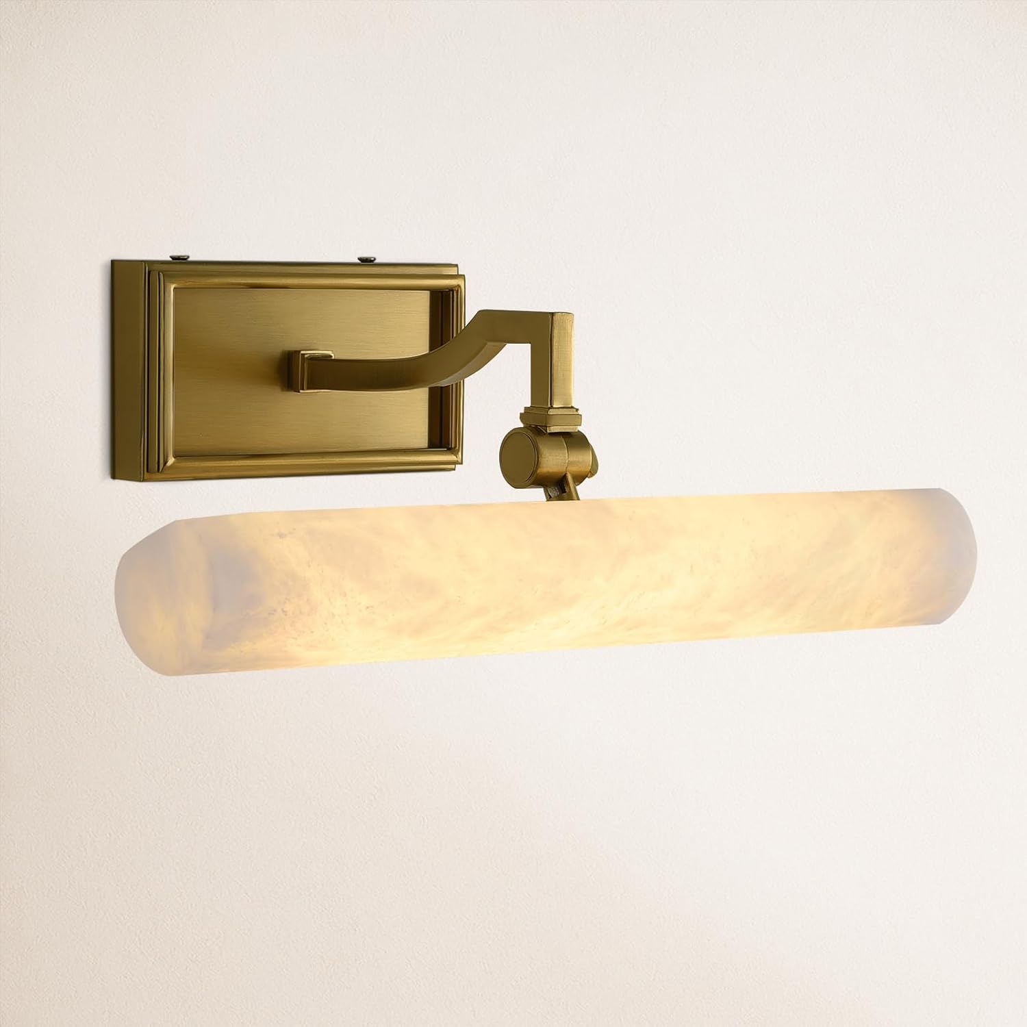 12in Alabaster Picture Light for Wall Art, Brushed Gold Art Display Light, Natural Marble Bathroom Vanity Lights, Modern Dimmable Brass Hardwired Picture Frame Light for Paintings, Poster, Library