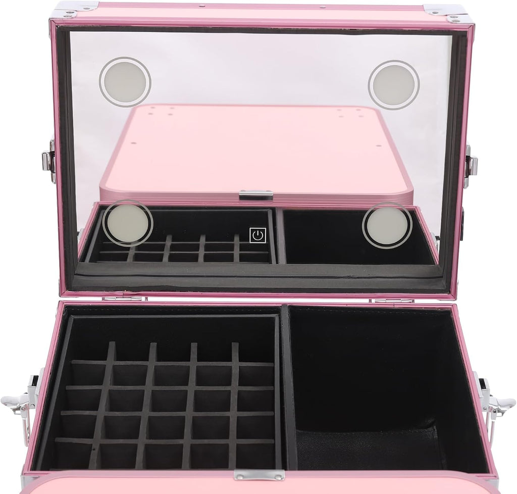 Makeup Train Case With 4 Universal Wheels,Portablel Makeup Suitcase With Drawers,Unfold Table And Makeup Mirror,Rolling Cosmetic Storage Organizer For Artist,Hairstylist,Etc (Pink)