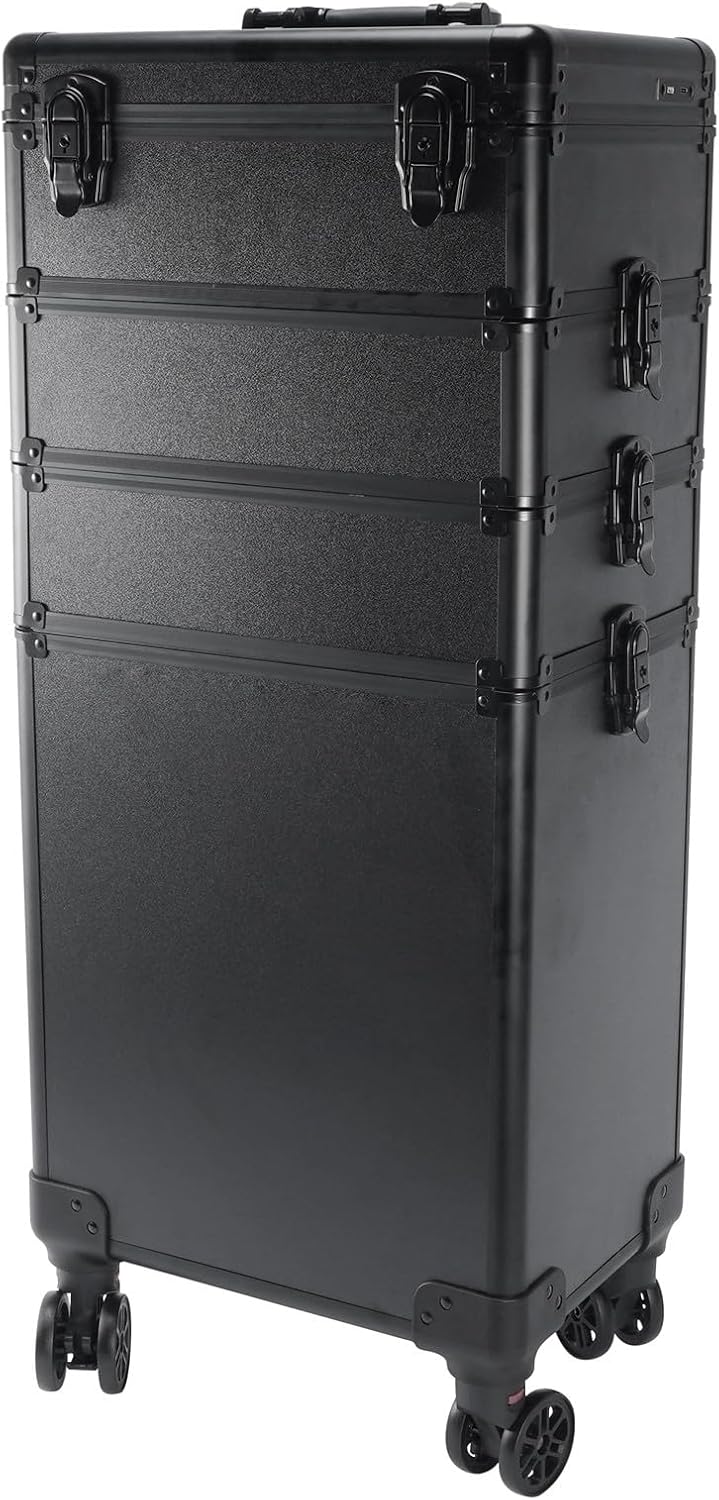 Karl home 4 in 1 Makeup Train Case with 3 Color LED Light Mirror, Rolling Cosmetic Trolley Travel Organizer with Key 360° Swivel Wheels for Beauticians Hairstylists Nail Tech Students, Black
