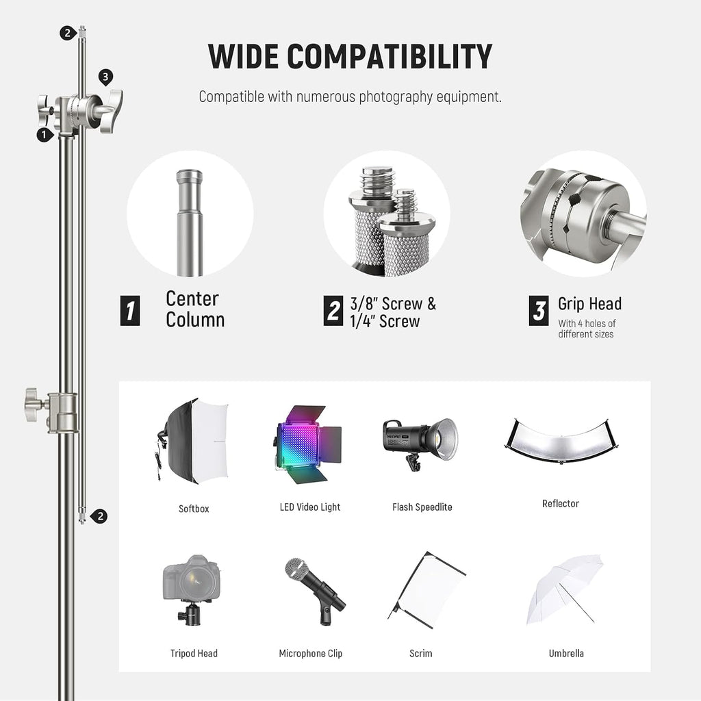 NEEWER 10.5ft Stainless Steel Heavy Duty C Stand with Boom Arm, Quick Setup Base, Thicker Center Rod Max Load 44lb/20kg, Photography Light Stand with 4.2ft Holding Arm for Monolight Softbox, SC320Q