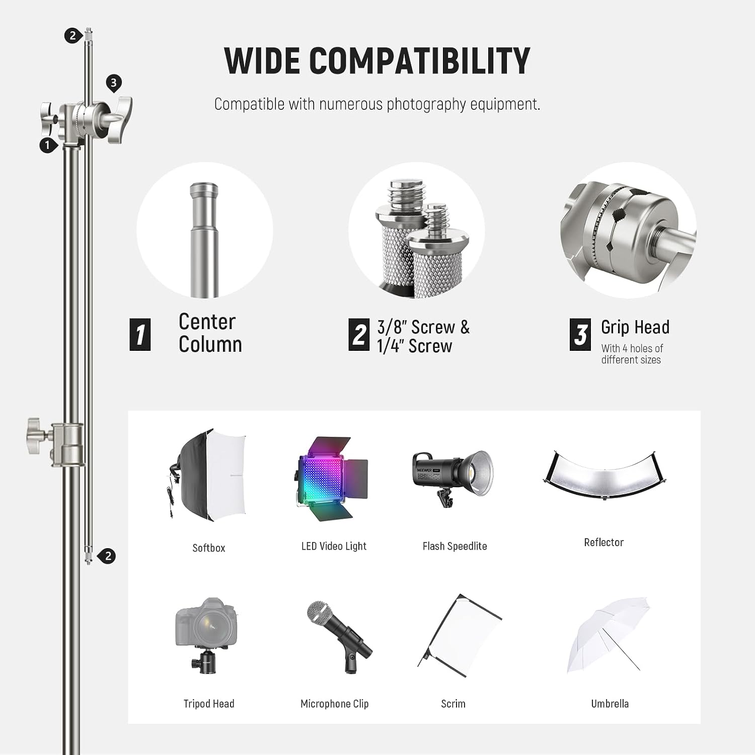 NEEWER 10.5ft Stainless Steel Heavy Duty C Stand with Boom Arm, Quick Setup Base, Thicker Center Rod Max Load 44lb/20kg, Photography Light Stand with 4.2ft Holding Arm for Monolight Softbox, SC320Q