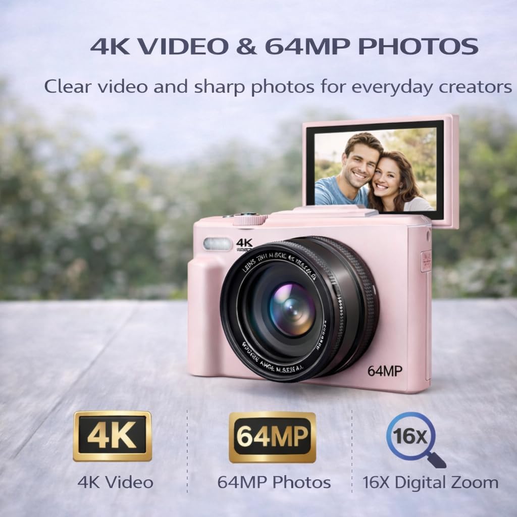 Acuvar 4K 64MP Digital Camera Kit for Photography, Vlogging Camera for YouTube with Flip Screen, WiFi, Wide Angle & Macro Lens, 64GB Micro SD Card, 50' Tripod, Case, Card Reader, Mic, LED Light