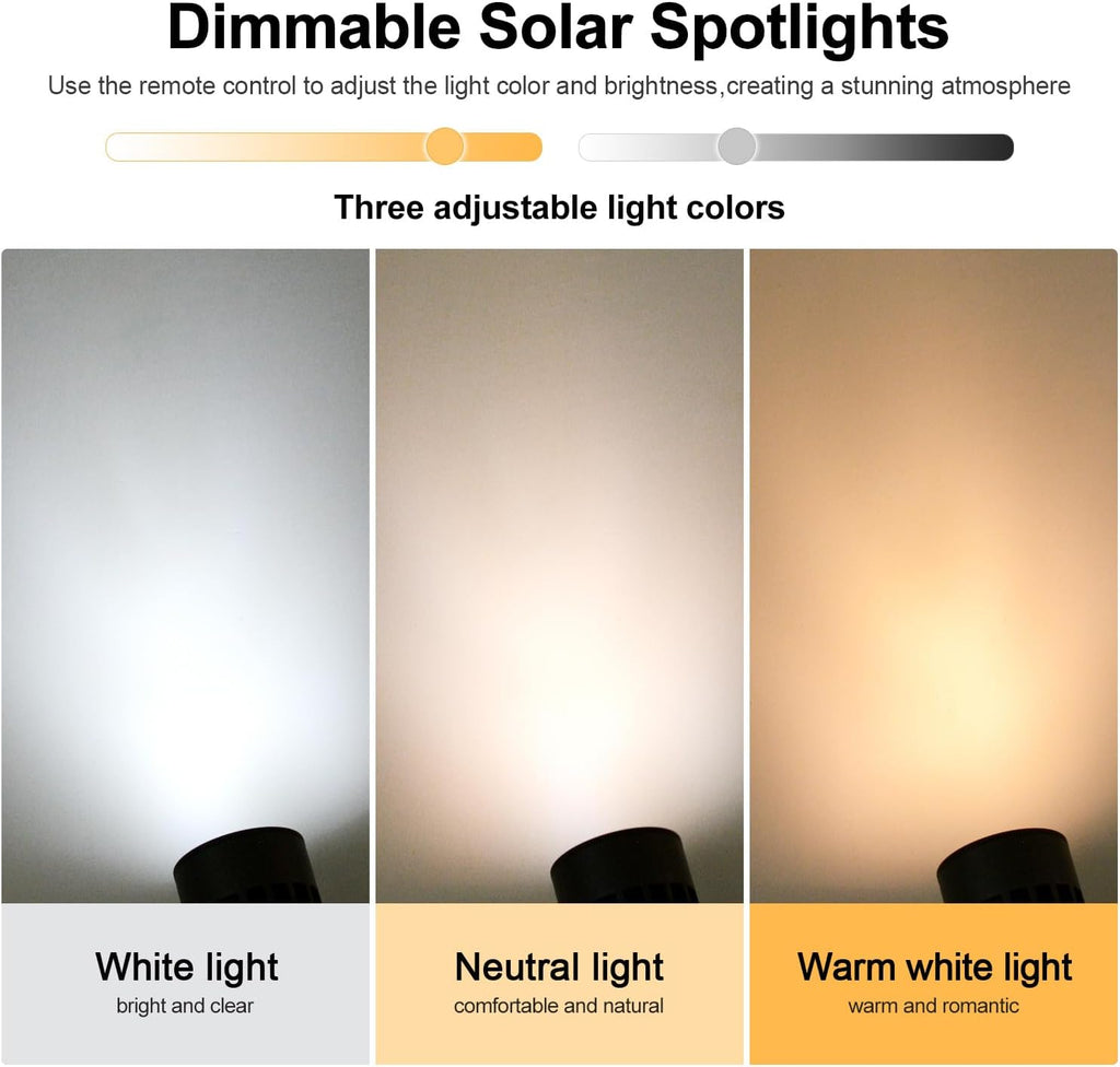 Solar-powered landscape spotlight, ultra-bright solar light for outdoor use, IP67 waterproof, remote control with 3 light colors and adjustable brightness, suitable for gardens and courtyards 2-Pack