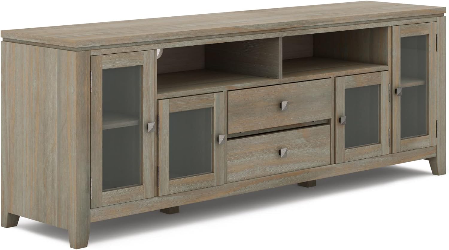SIMPLIHOME Cosmopolitan SOLID WOOD Universal TV Media Stand, 72 inch Wide, Contemporary, Living Room Entertainment Center with Storage, for Flat Screen TVs up to 80 inches in Distressed Grey