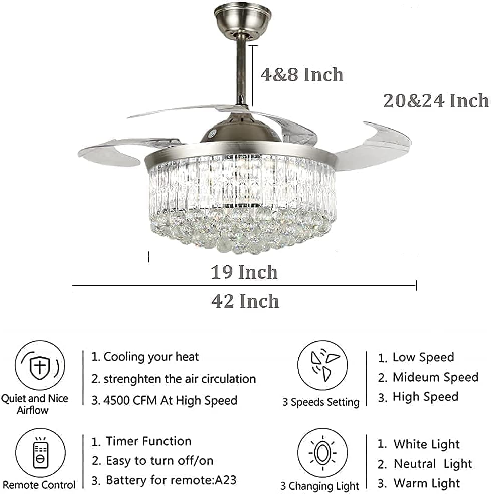 42' Modern Fandelier Retractable Ceiling Fan with Light Remote Control Crystal Chandelier Fan with 3 Color Changes 3 Fan Speeds Silent LED Ceiling Fan for Dining Living Room Bedroom
