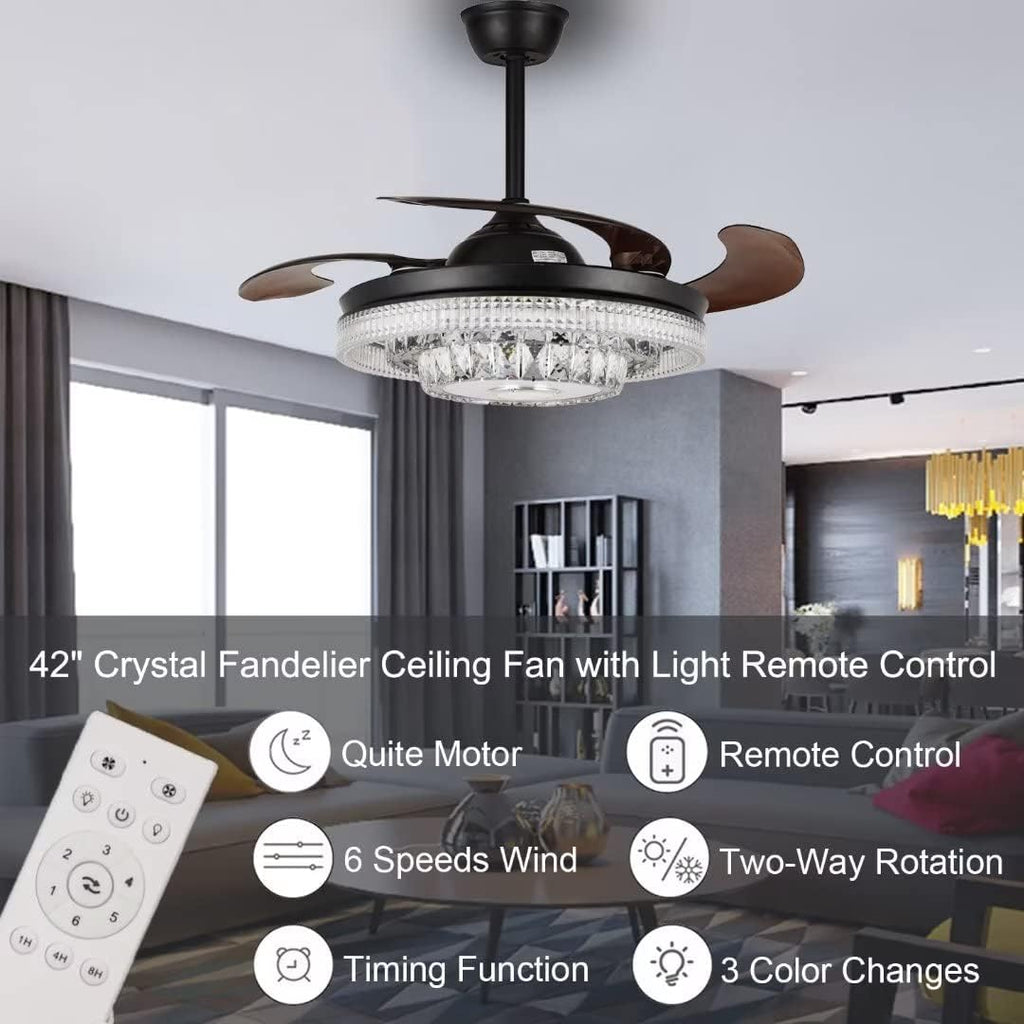 42' Modern Crystal Chandelier Ceiling Fans with Lights Remote Control, Black Rectractable Blade Fandelier with Bluetooth Speaker Forward Reverse 6 Speeds 7 Dimmable for Living Room Bedroom