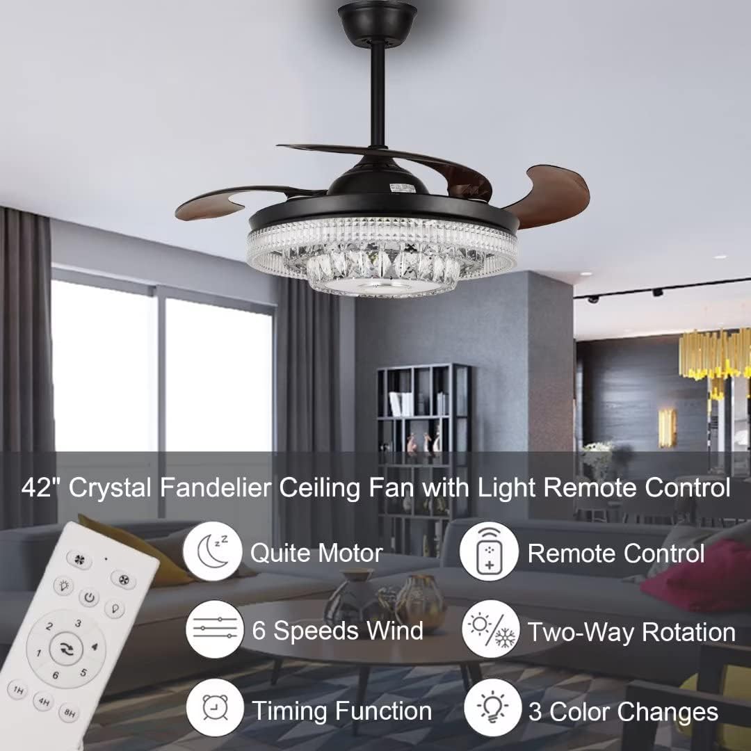 42' Modern Crystal Chandelier Ceiling Fans with Lights Remote Control, Black Rectractable Blade Fandelier with Bluetooth Speaker Forward Reverse 6 Speeds 7 Dimmable for Living Room Bedroom