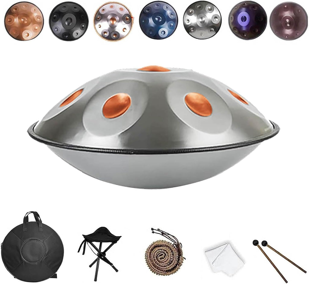 Handpan Instrument 432Hz/440Hz in D Minor Kurd, Steel Handpan 22 Inches, 9/10/12 Notes Handpan Drum with Mallets and Soft Bag, Suitable for Professional Performance(Gold-Silver,432HZ/12Note)