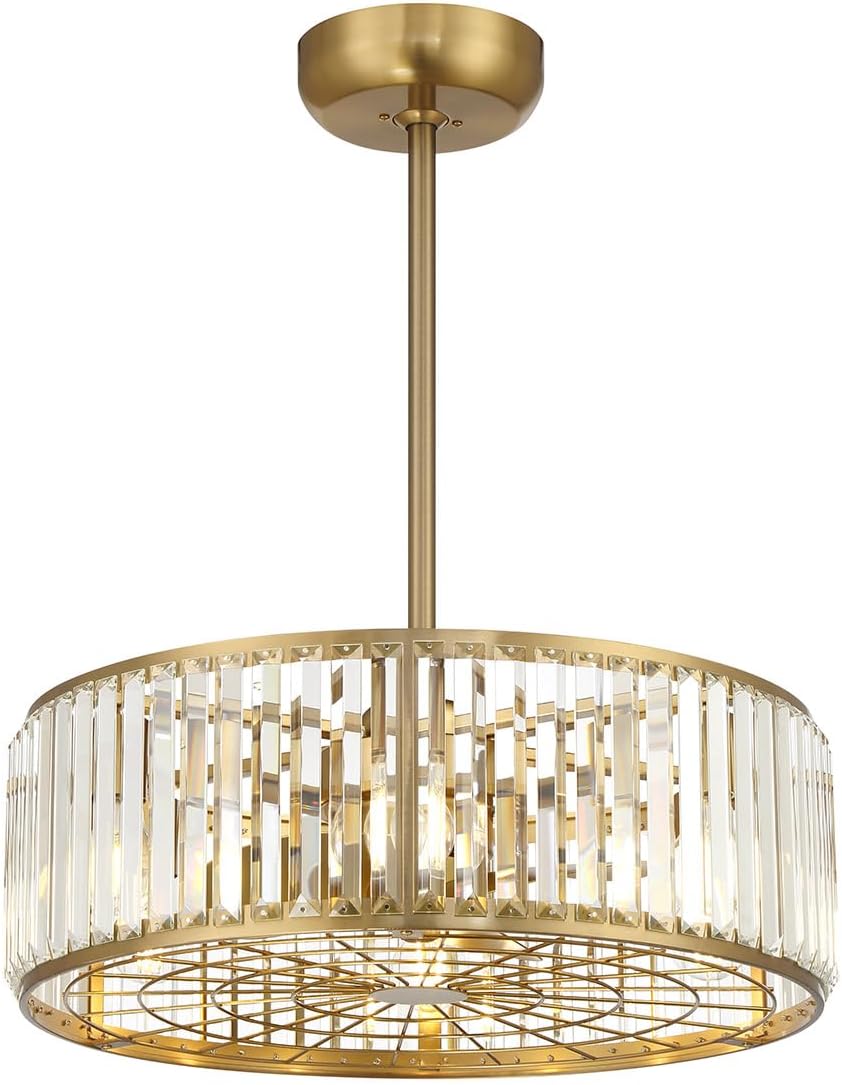 Savoy House 23-FD-245-322 Janus Fandelier Luxe Crystal Drum Chandelier Ceiling Fan with Light and Remote, 6-Light 48 Total Watts, 10' H x 23' W, Warm Brass