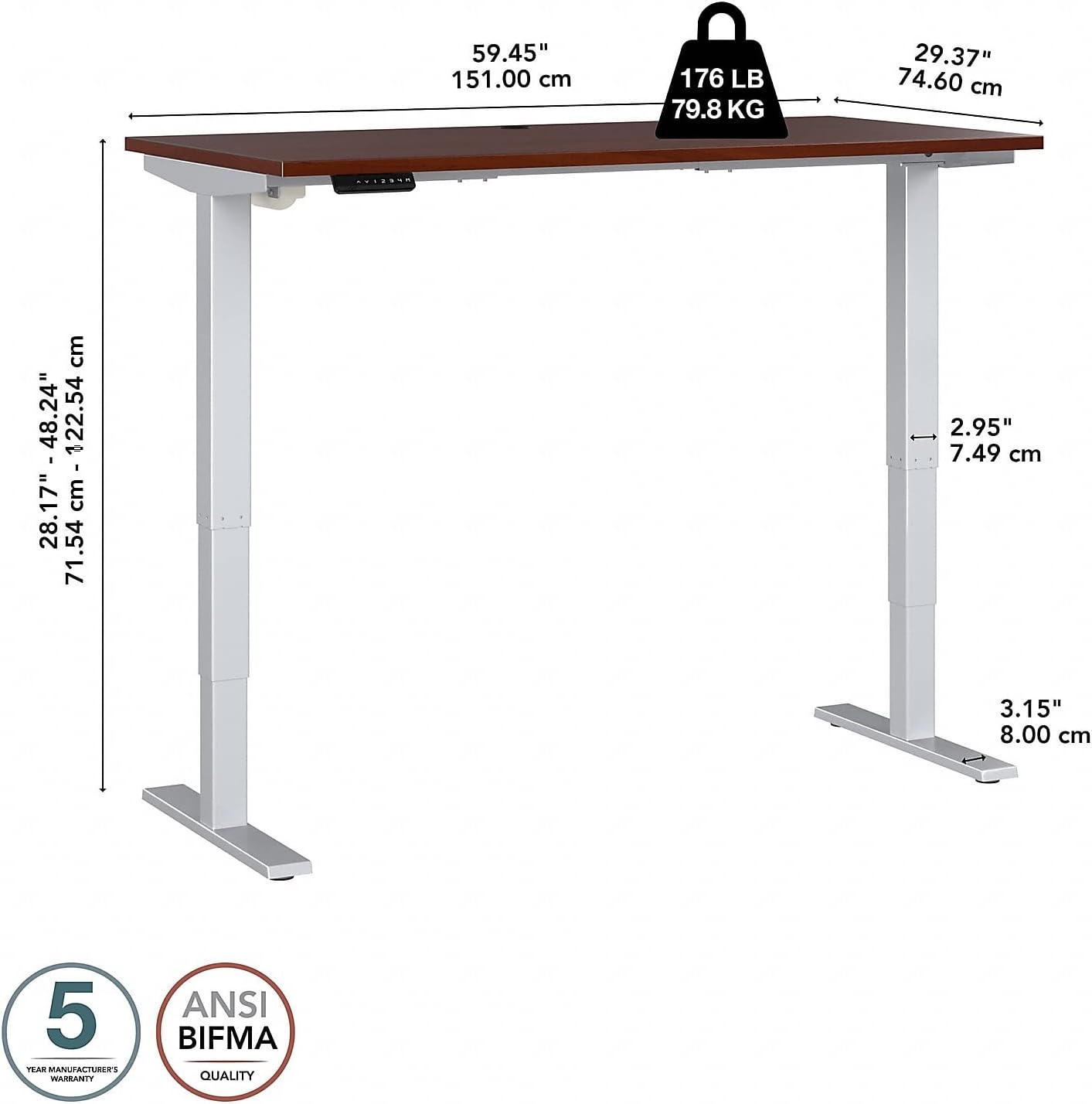 Bush Business Furniture 60-inch Electric Height Adjustable Standing Desk, Ergonomic Sit-Stand Computer Table for Home and Professional Office, Move 40 Series, Hansen Cherry with Metallic Gray Base