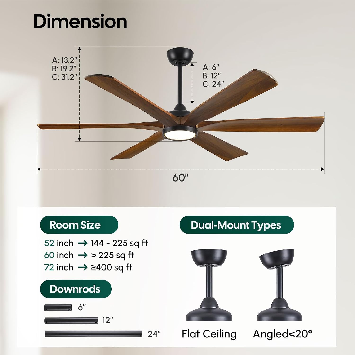60 Inch Outdoor Ceiling Fan with Light, Damp Rated for Patio, Smart Alexa/App/Remote Control, 6 Walnut Solid Wood Blades, High 8268 CFM Quiet DC Motor, Modern Farmhouse Style for Indoor Exterior Porch
