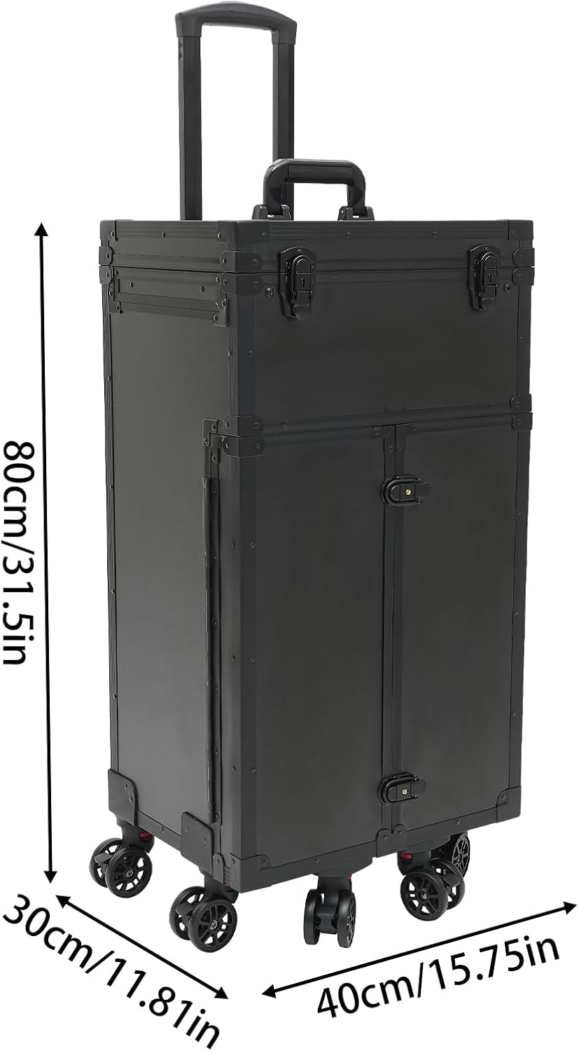 Rolling Makeup Train Case Professional Cosmetic Trolley Makeup Travel Organizer with Wheels Black 15.75 * 11.81 * 31.5in