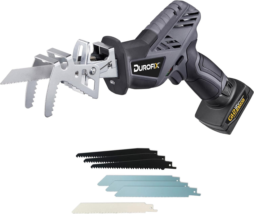 Durofix RJ1217-P2G G12 Series 12V Cordless Mini Reciprocating Saw Kit w/ 2 Batteries & Charger, 6-Interchangeable Saw Blades & Canvas Bag