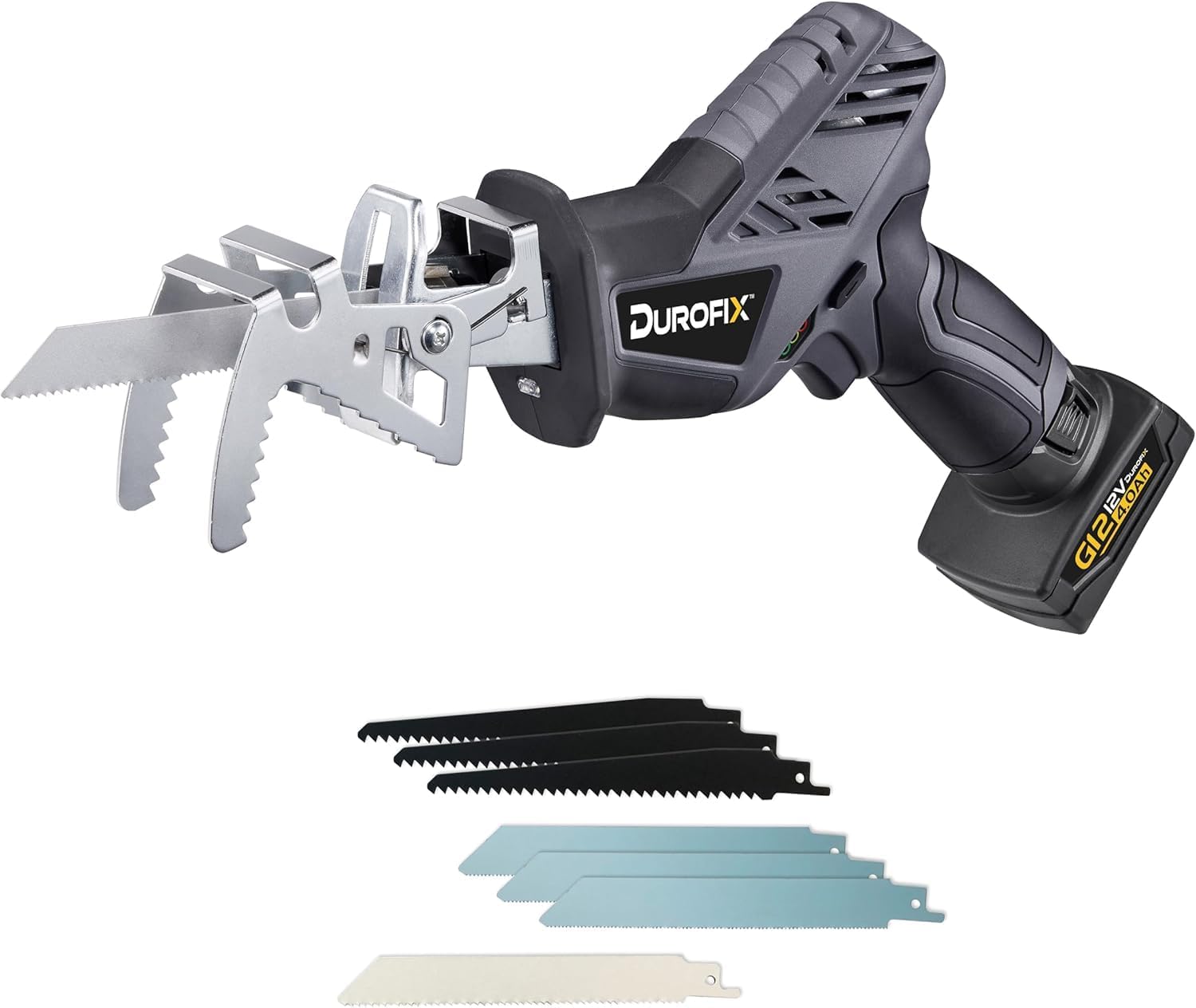 Durofix RJ1217-P2G G12 Series 12V Cordless Mini Reciprocating Saw Kit w/ 2 Batteries & Charger, 6-Interchangeable Saw Blades & Canvas Bag