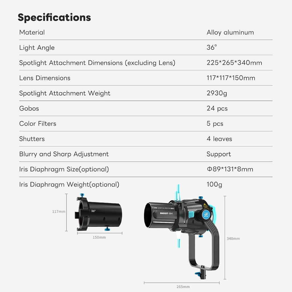 Bowens Mount Optical Snoot Photography,Spotlight Snoot Gobos kit for Monolight,Compatible with Aputure Amaran 100X/D 200D/X,150/300c,600x Pro,Godox SL60 Continuous Light etc