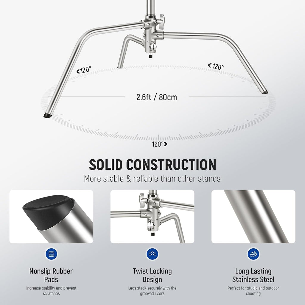 NEEWER Stainless Steel Heavy Duty C Stand with Swivel Casters, 43'-73'/110-186cm Photography Light Stand with 33'/83cm Boom Arm, 2 Grip Heads for Studio Monolight, Softbox, Reflector, SC186W