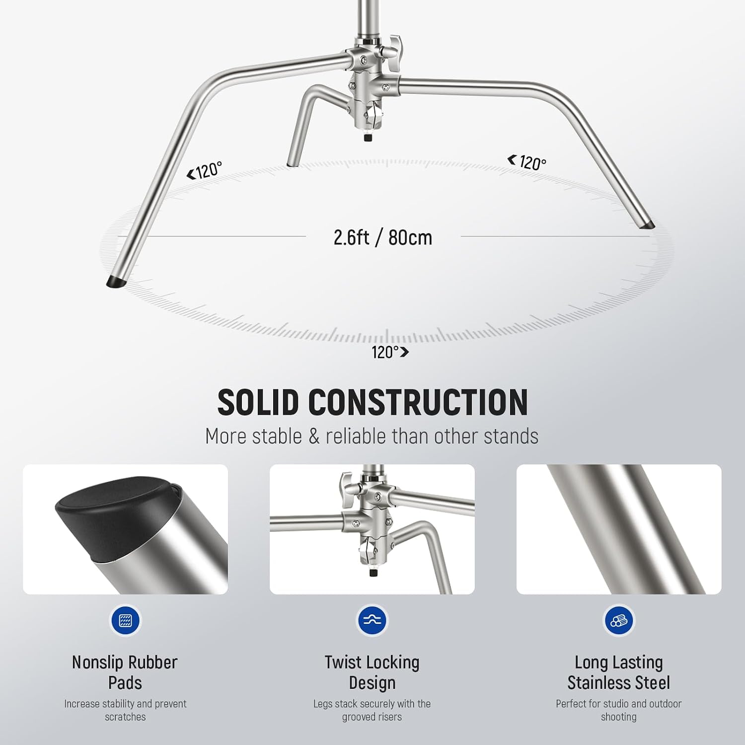 NEEWER Stainless Steel Heavy Duty C Stand with Swivel Casters, 43'-73'/110-186cm Photography Light Stand with 33'/83cm Boom Arm, 2 Grip Heads for Studio Monolight, Softbox, Reflector, SC186W