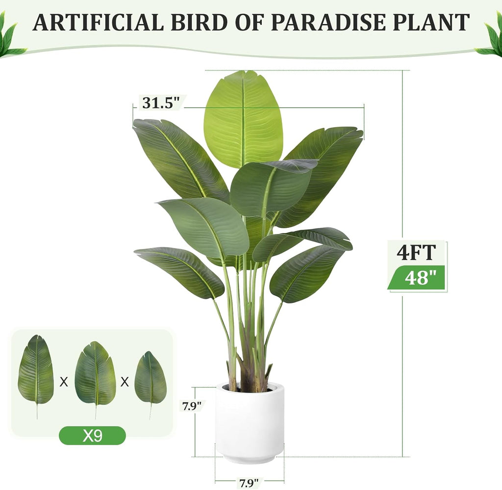 Artificial Bird of Paradise Plant 4Ft Tall Fake Tropical Palm Tree Large Fake Plants with 9 Silk Banana Leaves Faux Plant Indoor Decor Trees with White Pot for Home Bedroom Living Room Office（2pcs）