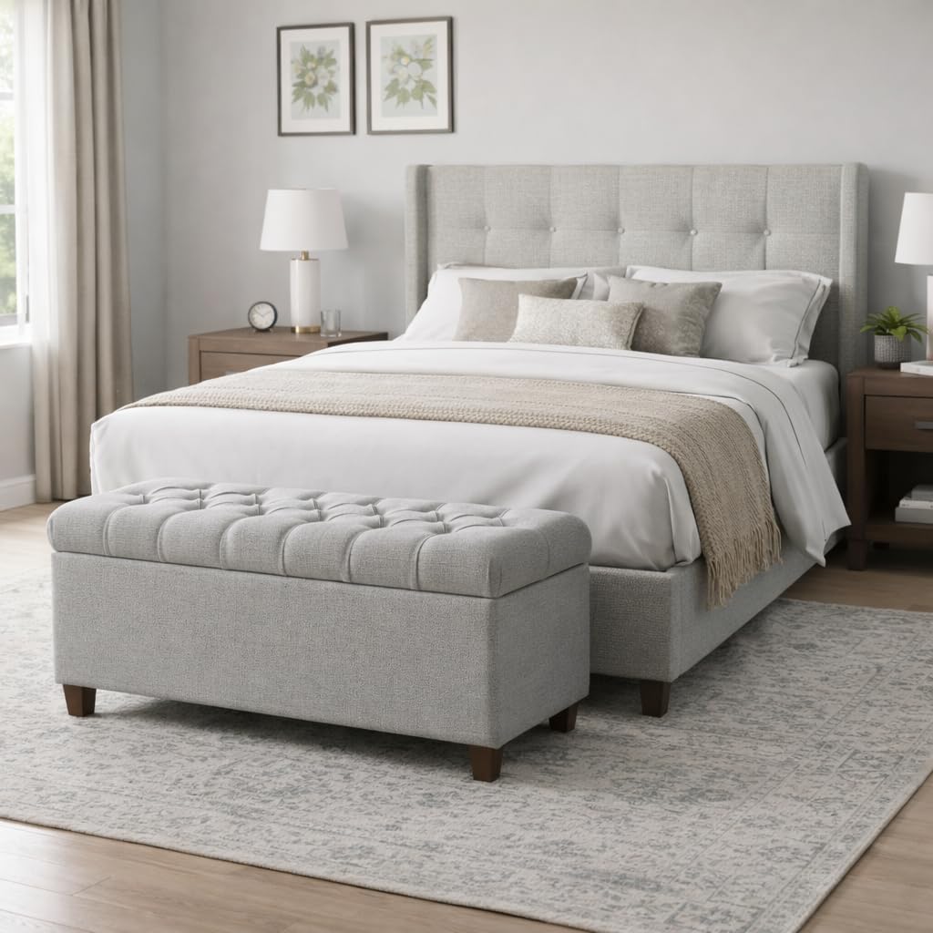 Homepop Home Decor Tufted Ainsley Button Storage Ottoman Bench with Hinged Lid Ottoman Bench with Storage for Living Room & Bedroom, Light Blue 18x40x18 Inches