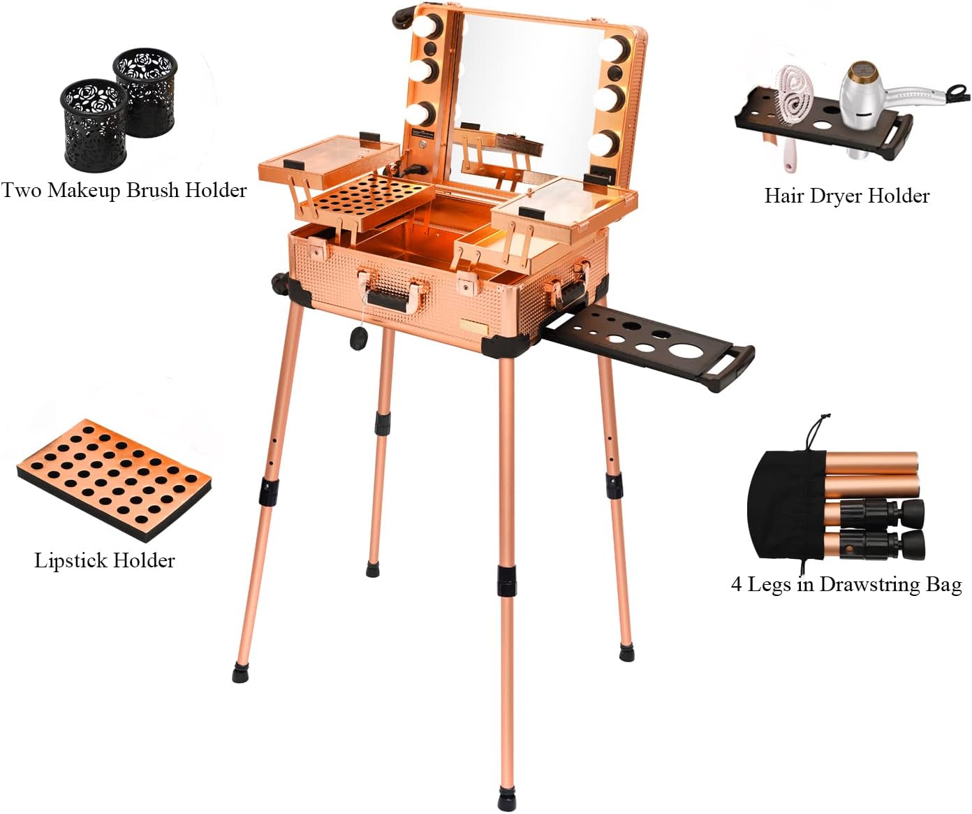 Aluminum Trolley Makeup Train Case with LED Lights Professional Cosmetic Organizer Studio with Speaker, Wheels and Stands Rolling Lighted Makeup Vanity Station for Travel (Rose Gold)