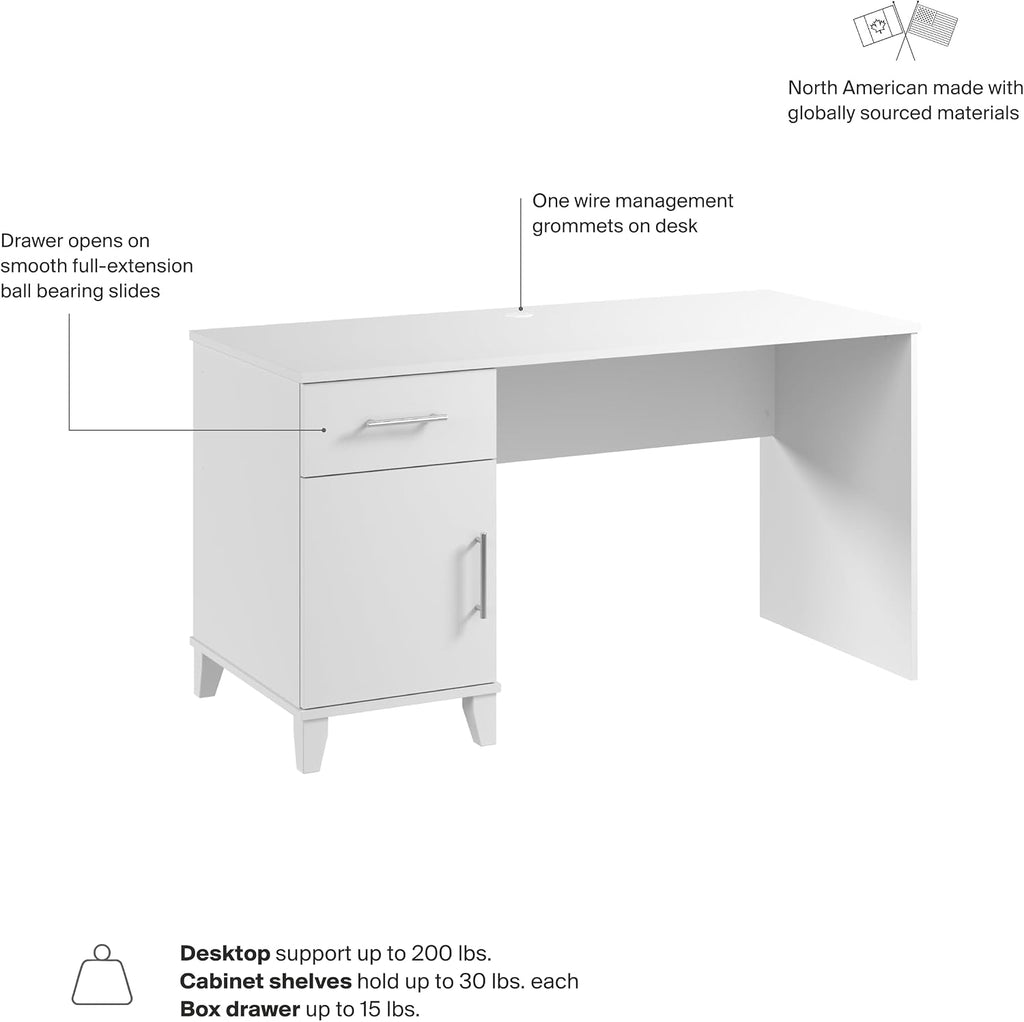 Bush Home 54-Inch Office Desk with Drawer and Storage Cabinet, Computer Desk with Box Drawer and Adjustable Shelf, Home Office Workstation Furniture, Somerset Collection, White
