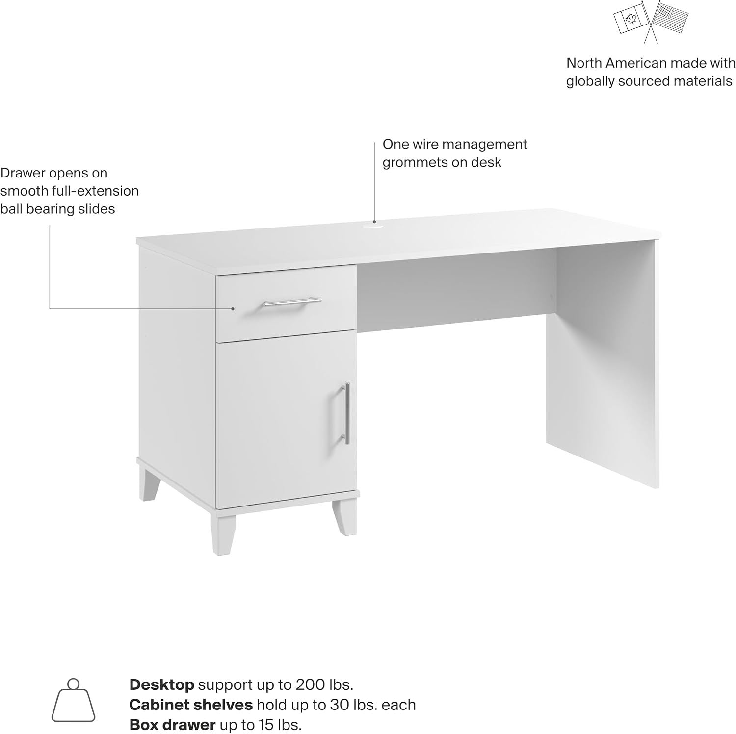 Bush Home 54-Inch Office Desk with Drawer and Storage Cabinet, Computer Desk with Box Drawer and Adjustable Shelf, Home Office Workstation Furniture, Somerset Collection, White