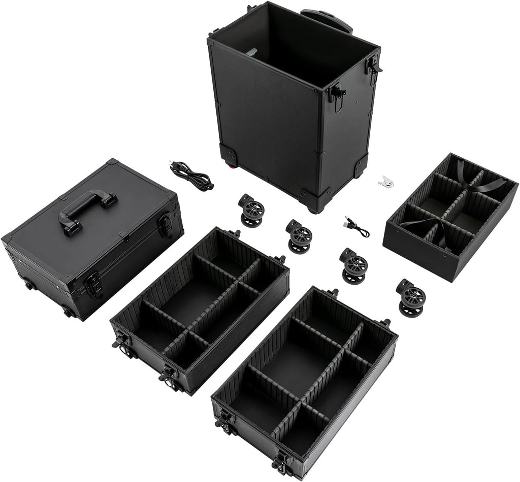 Makeup Train Case, Portable Rolling Trolley Case Makeup Organizer With Lock & Mirror, 5 Tier Large Capacity Makeup Case Organizer With Storage Compartment & 4 LED lights For Make-Up Artists